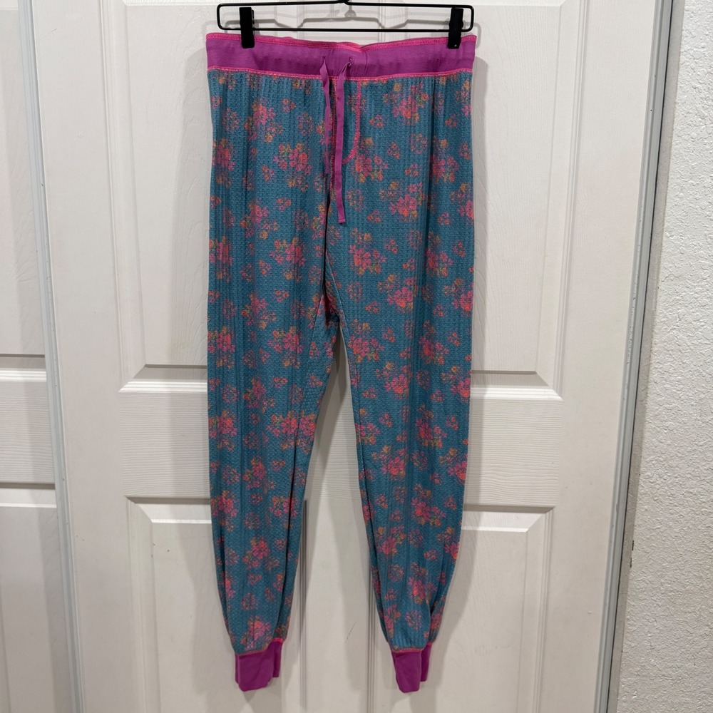 Natural Life Waffle Knit Floral Jogger Pajama Pants Teal Pink Size Medium